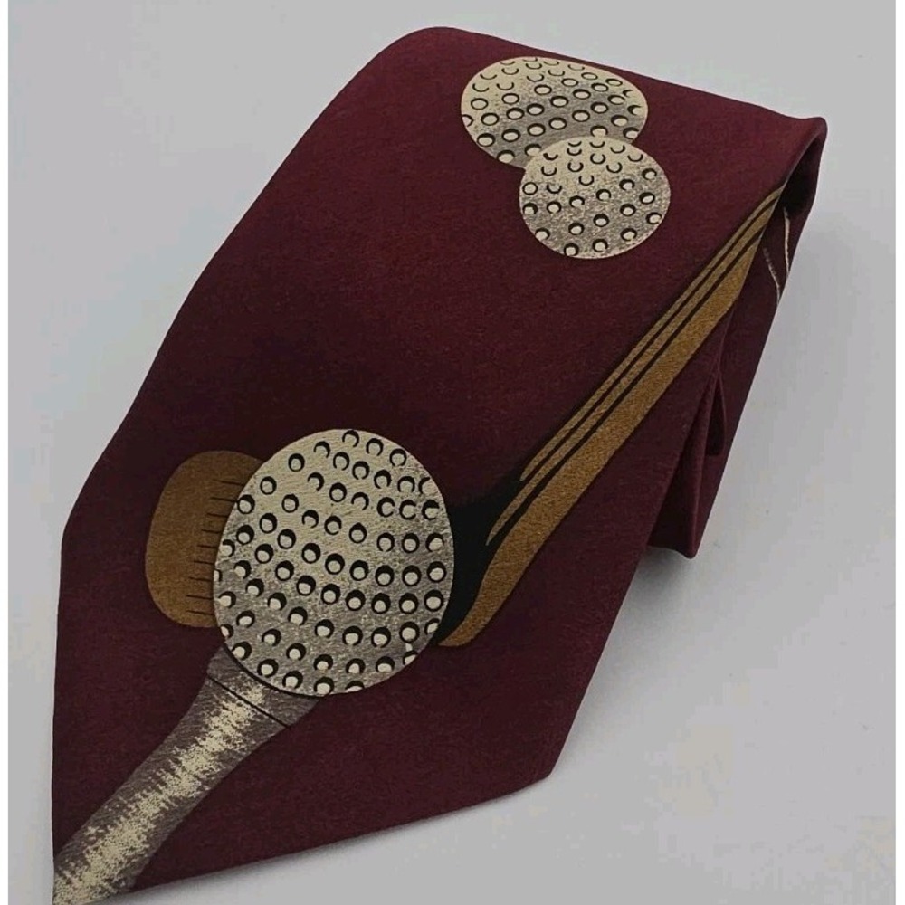Vintage Brothers Hand Sewn Golf Theme 100% Silk Mens Maroon Necktie 3.85" X 58"